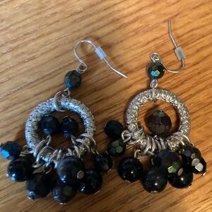 Earrings, faux Silver Rings w/Dangly Gemstones, almost looks like Black Pearls